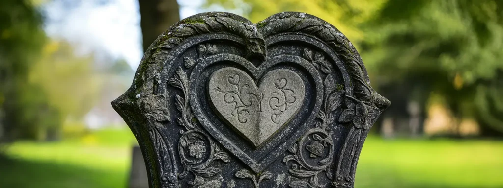 Verziertes Grabsteinherz mit floralem Design vor grünem Hintergrund, von Naturstein Flemming Leipzig gefertigt