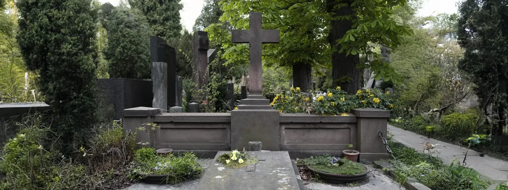 Ruhevoller Friedhof mit Kreuzen, Blumenarrangements und üppigem Grün, von Naturstein Flemming Leipzig gestaltet